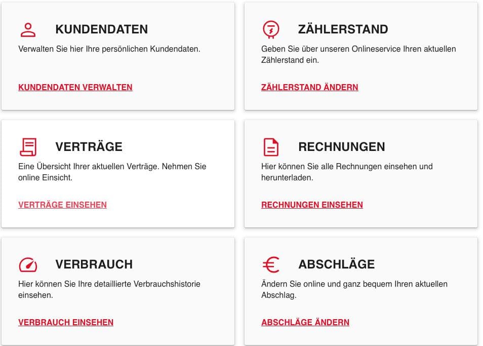 Self-Service-Portal eines Energieversorgers mit Kacheln für Kundendaten, Zählerstand, Verträge, Rechnungen, Verbrauch und Abschläge