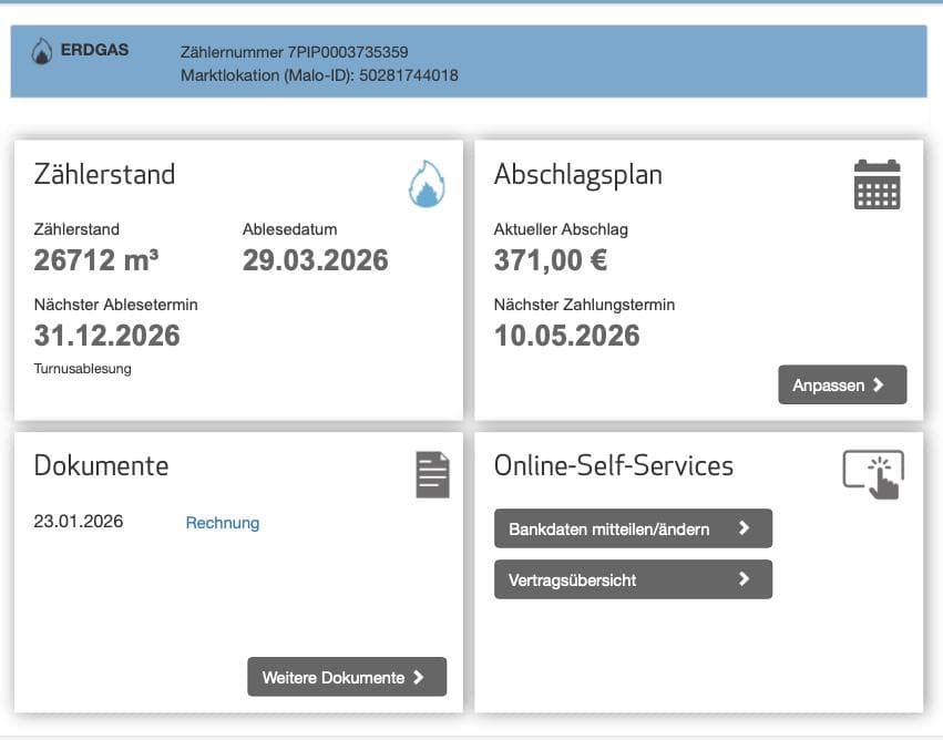 Detailansicht eines anderen Versorger-Portals mit Zählerstand, Abschlagsplan und Online-Self-Services